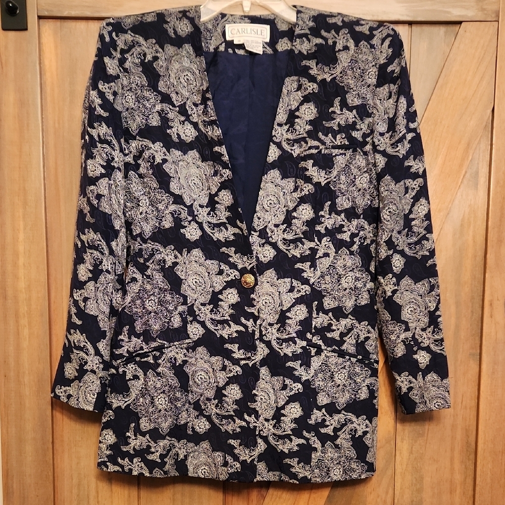 Vintage Silk Carlisle Women's Navy and White Floral Blazer